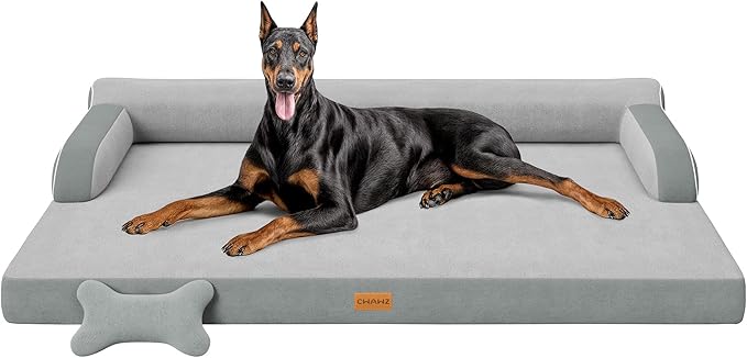 CWAWZ XXL Orthopedic Dog Bed, Big Dog Bed for Large Dogs, Dual-Sided Pet Cooling Beds with Memory Foam Washable Cover Nonslip Bottom, Waterproof Pet Couch with Bolsters, Light Grey