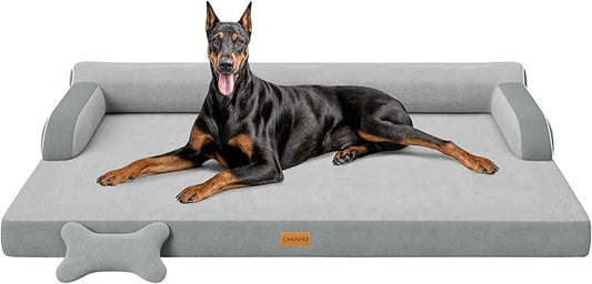CWAWZ XXL Orthopedic Dog Bed, Big Dog Bed for Large Dogs, Dual-Sided Pet Cooling Beds with Memory Foam Washable Cover Nonslip Bottom, Waterproof Pet Couch with Bolsters, Light Grey