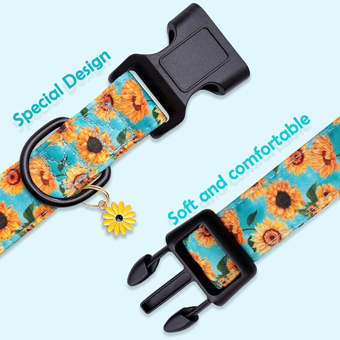 Faygarsle Dog Collar for Small Medium Large Dogs Cute Light Green Puppy Collars for Female Dogs Sunflower Patterned Pet Collars for Summer Spring Wedding Puppy Girl Dog Collar L