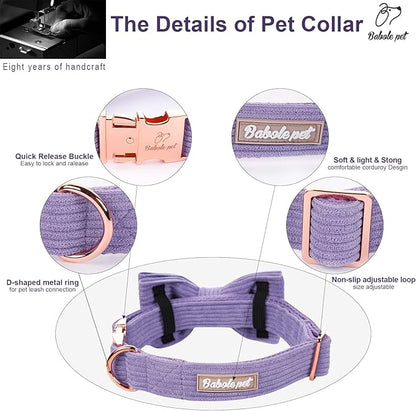 Lavender Dog Collars for Small Dog,Cute Corduroy Dog Collar with Bow Tie Safety Metal Buckle Adjustable Puppy Collars for Small Medium Large Boy&Girl Dogs,XS-Neck 8"-12"