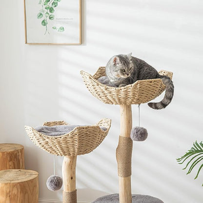 PISARRY Cat Tree Tower, 46 inch Modern Cat Tree for Indoor Cats Large Adult, Luxury Cat Condo with Scratching Post, Real Solid Wood Branch Indoor Boho Furniture, Climbing Tower, Gray