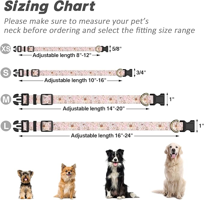 Reflective Dog Collar for Extra Small Dogs, Cute Flower Theme Adjustable Heavy-Duty Nylon Puppy Collar for Boy and Girl Female, Soft Pet Accessories with Quick Release Buckle, Neck 8-12", Pink