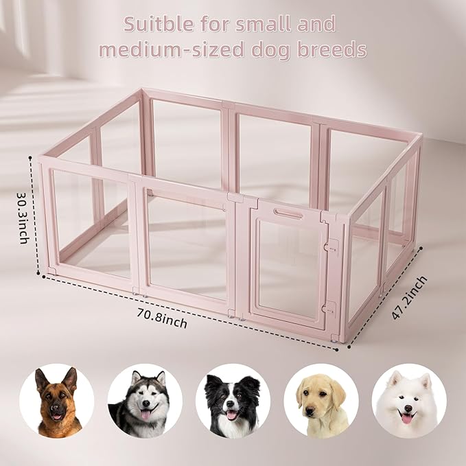 LoveTail DIY Clear Acrylic Dog Playpen House,Quick Easy Assembly and Disassembly,Strong Floor Suction,Indoor and Outdoor Use,Easy Cleansing Puppy Fence (Skin Pink, 30.3" H, 10PCS)