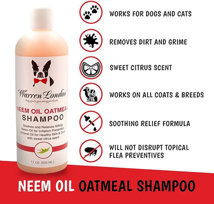 Warren London Neem Oil with Oatmeal Dog Shampoo - Deep Cleansing & Moisturizing for Sensitive Skin - Itch Relief & Odor Control - Made in USA - 17 oz