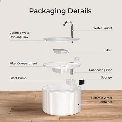 Ceramic Cat Water Fountain, 2.2L/74oz Ceramic Cat Fountains for Drinking Indoor with 3 Replacement Filters and 3 Sponges, Automatic Pet Water Dispenser with Ultra-Quiet Pump