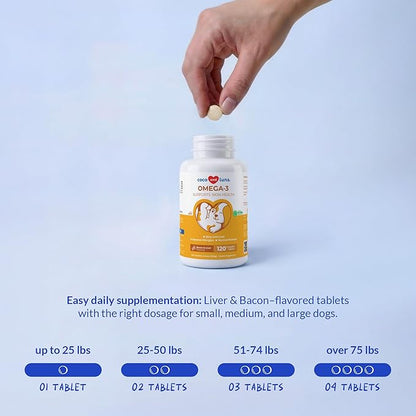 Omega 3 Fish Oil for Dogs - 120 Chewable Tablets - with Omega 3, 6, and 9, Vitamin E for Dog Shedding, Itchy, Dry Skin, Joint & Heart Support
