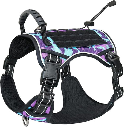 Hotsky Tactical Dog Harness No Pull，Adjustable Service Dog Vest Reflective Military Pet Harness with Control Handle Molle Loop Panels for Training Walking Running(Purple Camo, M)