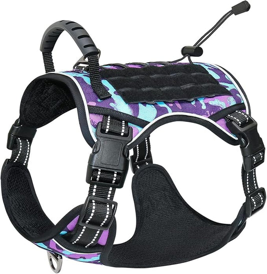 Hotsky Tactical Dog Harness No Pull，Adjustable Service Dog Vest Reflective Military Pet Harness with Control Handle Molle Loop Panels for Training Walking Running(Purple Camo, M)