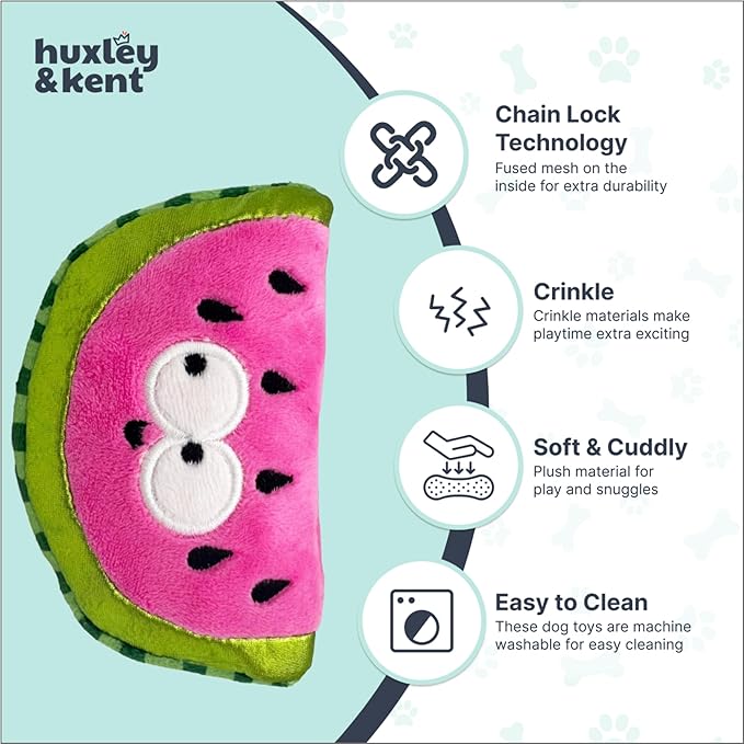 Huxley & Kent Funny Dog Toy w/Squeaker – Power Plush Squeaky Dog Toys for Small Dogs – Durable Small Stuffed Animal for Indoor Play & Fetch - Tiny Tuff Walter Melon