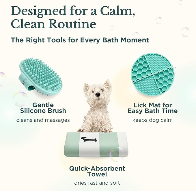 Nina Woof Bath Kit for Dogs & Puppies – Grooming Set with Recycled Polyester Towel, Silicone Brush & Lick Mat – Stylish at-Home Dog Bath Kit, Perfect Dog Gift
