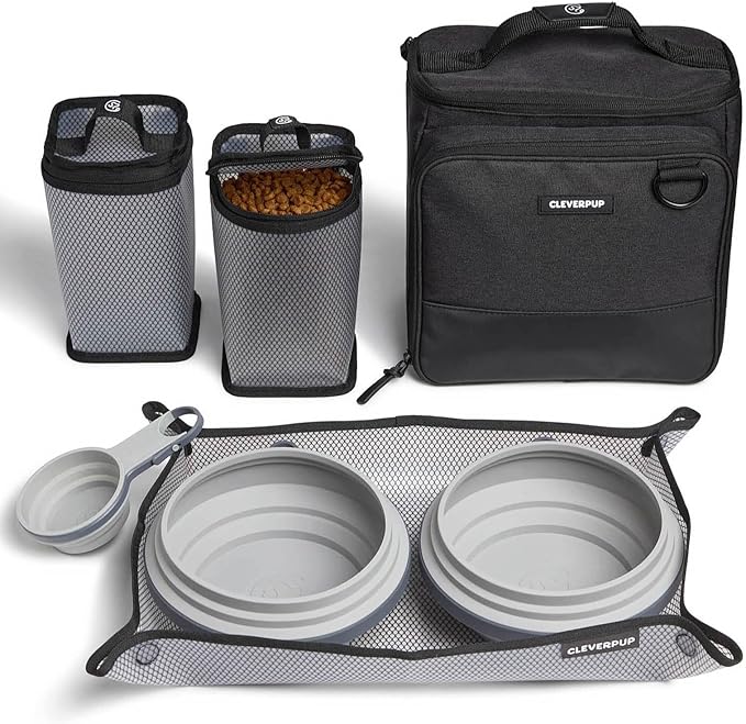 Cleverpup, Large 7-Piece Bistro Box Dog Food Travel Kit, 12-Cup Kibble Storage, 2 Silicone Bowls, Mat & Scoop - Premium Portable Pet Food Kit for Weekends, Overnights, Daycare & Camping, Graphite