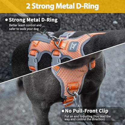 Huntboo No Escape Dog Harness, Escape Proof Harness, Fully Reflective Harness with Padded Handle, Breathable,Durable, Adjustable Vest for Medium Dogs Walking, Training, and Running Gear (Orange,M)
