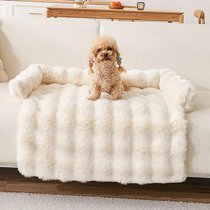 Calming Dog Bed for Couch, 29.5 x 29.5 inch, Non-Slip Rabbit-Velvet Dog Sofa Mat for Furniture Protector, Perfect for Small, Medium Dogs and Cats (Off-White)