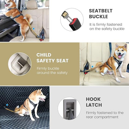 IOKHEIRA Dog Seat Belt 3-in-1 Car Harness for Pets Adjustable Safety Seatbelt Nylon Reflective Bungee Fabric Dog Car Harness with Clip Hook Latch & Buckle, Swivel Zinc Alloy Carabiner (Green)