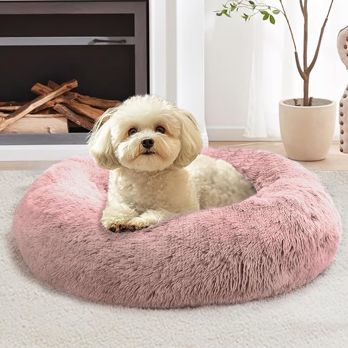 JOLLYVOGUE Calming Dog Bed Medium Size Dog, Anti-Anxiety Donut Medium Pet Bed, 31 inches Fluffy Faux Fur Round Cat Bed, Fits up to 45 lbs Pets (Dark Pink)