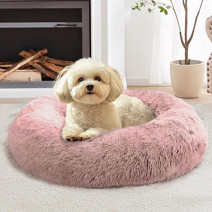 JOLLYVOGUE Calming Dog Bed Medium Size Dog, Anti-Anxiety Donut Medium Pet Bed, 31 inches Fluffy Faux Fur Round Cat Bed, Fits up to 45 lbs Pets (Dark Pink)