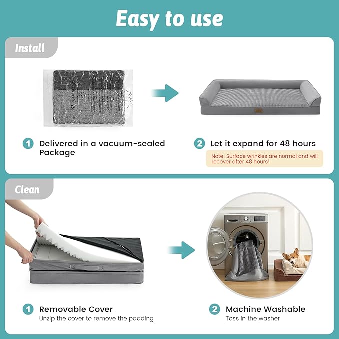 COZY KISS Dog Beds for Extra Large Dog, XXL Bolster Pet Couch with Waterproof Lining, Egg Crate Foam Sofa for Pets Up to 150 lbs, U-Shaped, 48x35x8 inch, Grey