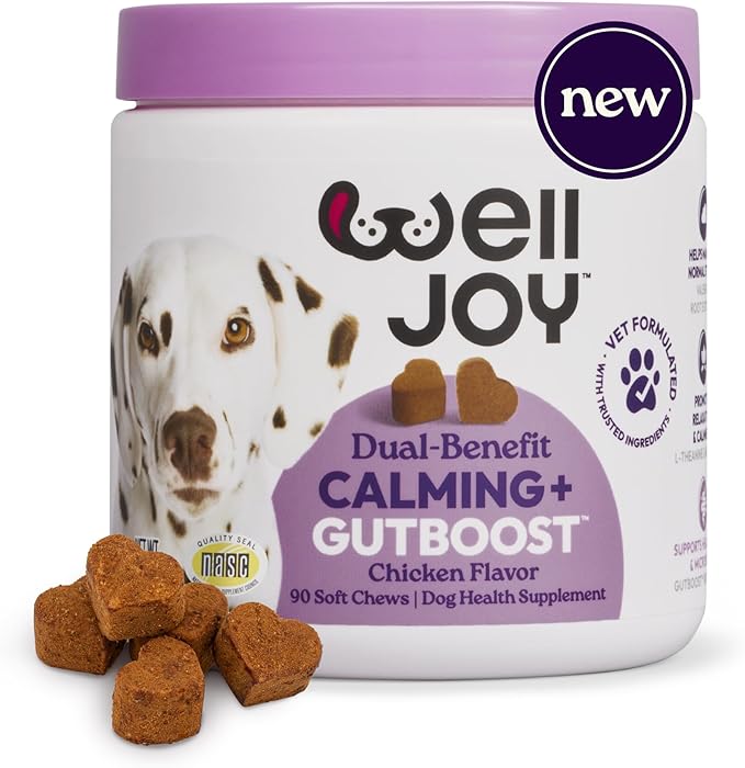 New! WellJoy Dog Supplement Calming+ GutBoost | Dog Health Supplement | Promotes Relaxation & Calmness | Dual-Benefit GutBoost Formulation | Vet Formulated | USA Made | Chicken Flavor | 90 Soft Chews
