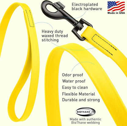 Dogline Biothane Waterproof Dog Leash Strong Coated Nylon Webbing with Black Hardware Odor-Proof Easy to Clean High Performance for Small or Large Dogs Made in USA 4 or 6 ft Lead, Lemon Yellow