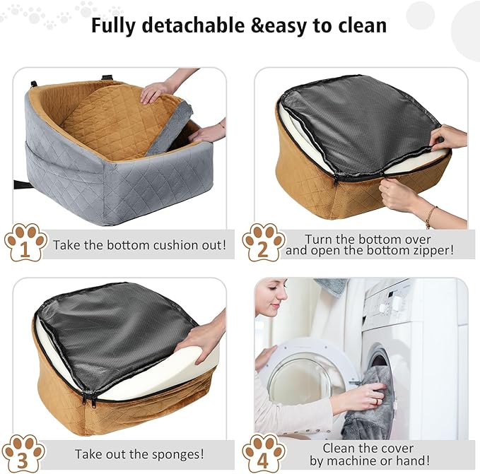 NEEZUKAR Dog Car Seat for Small Medium Dogs,Detachable Washable Dog Booster Seat Under 30lbs, Pet Car Seat Travel Bed with Storage Pockets and Dog Safety Belt(Grey/Brown)