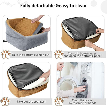 NEEZUKAR Dog Car Seat for Small Medium Dogs,Detachable Washable Dog Booster Seat Under 30lbs, Pet Car Seat Travel Bed with Storage Pockets and Dog Safety Belt(Grey/Brown)