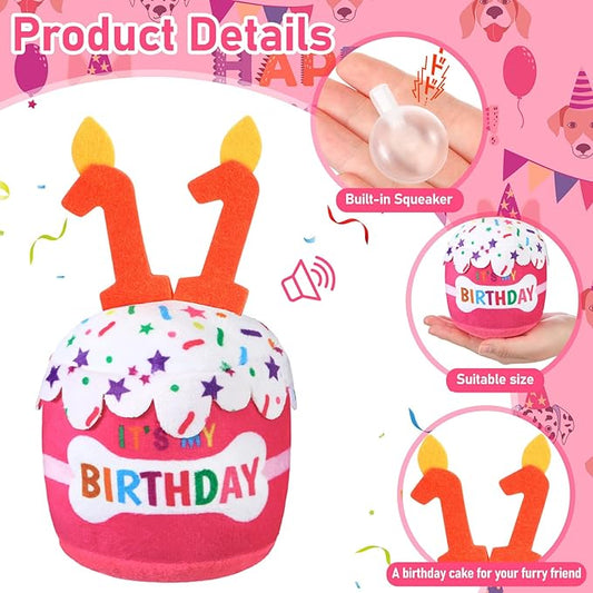 Dog Birthday Cake Toy Accessories for Girl Boy Gifts, Squeaky Plush Toy for Dog Birthday Party Decor Favor for Large, Medium and Small Dogs(11th,Pink)