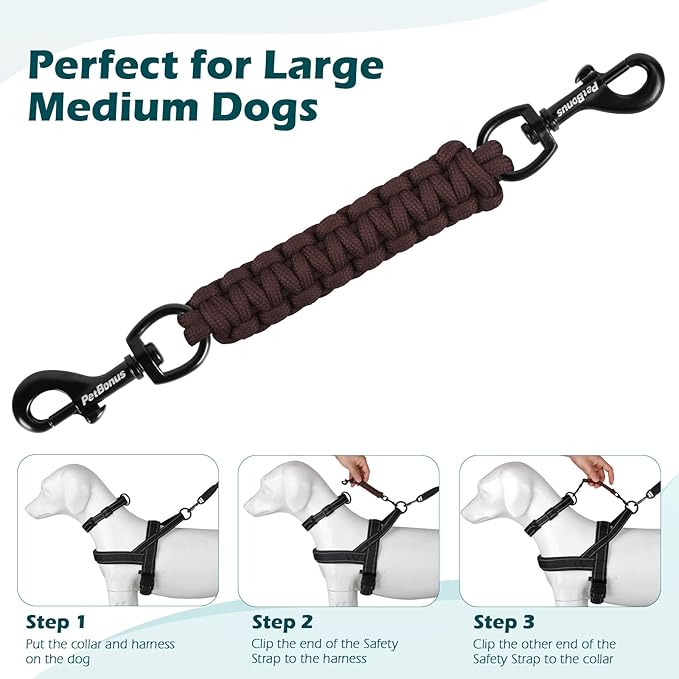 PetBonus Dog Collar Safety Clip, Handmade Backup Safety Strap for Dog Harness, Prong, Pinch Collar, Double Ended Clasp Leash Connector (Brown)