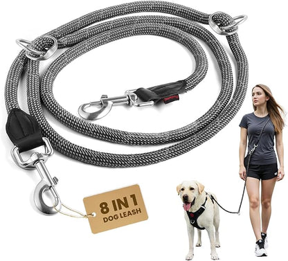 6-in-1 Heavy Duty Multifunctional Reflective Dog Leash for Medium & Large Dogs, 6.5ft Adjustable Hand Free Nylon Lead with Double Strength Clips, Perfect for Tie Out Training & Jogging (Grey)
