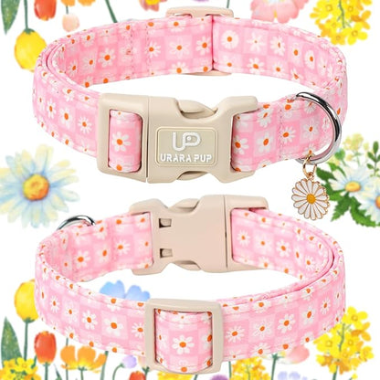 UP URARA PUP Pet Collar-Summer Daisy Dog Collars-Pink Grid Puppy Collar-Adjustable, Sturdy & Cute Girl Boy Dog Collars for Outdoor Fun