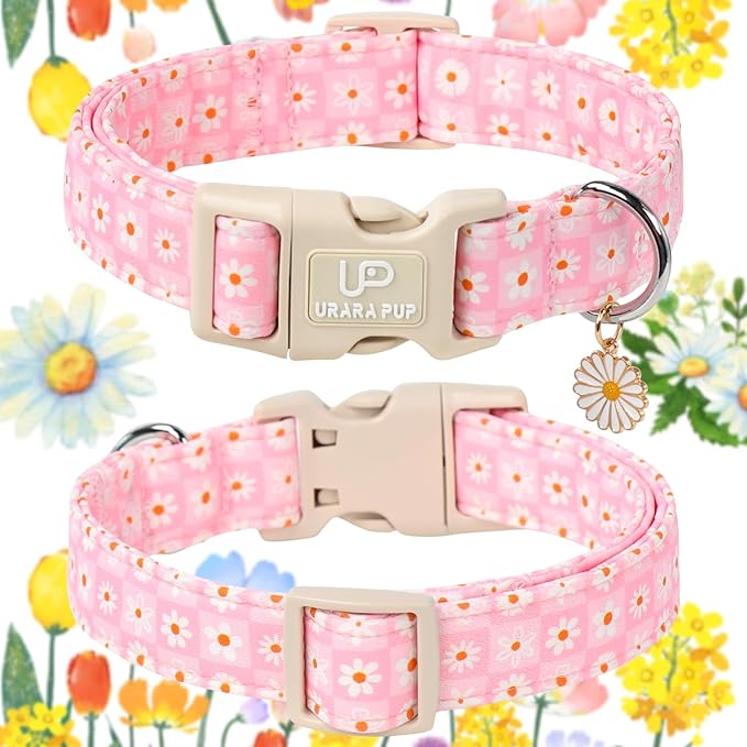 UP URARA PUP Pet Collar-Summer Daisy Dog Collars-Pink Grid Puppy Collar-Adjustable, Sturdy & Cute Girl Boy Dog Collars for Outdoor Fun