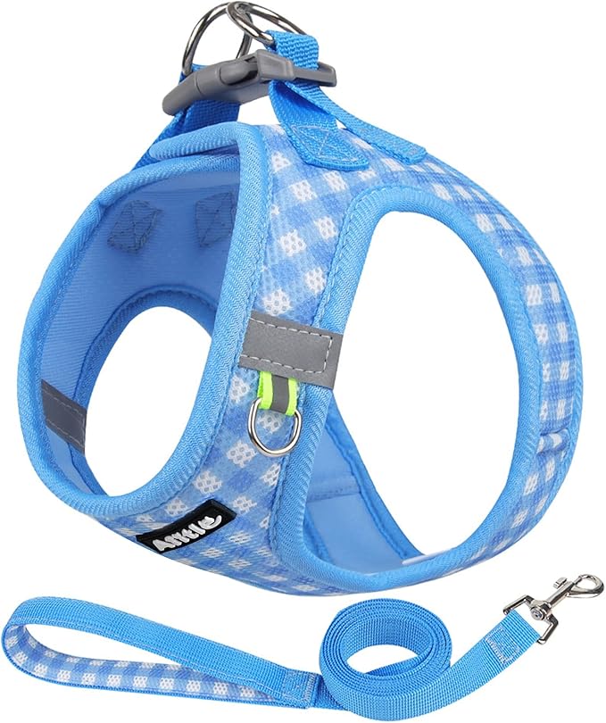 AIITLE Breathable Mesh Dog Vest Harness, No Pull Escape Proof Vest Harnesses with Reflective Bands, Adjustable Plaid Pet Outdoor Harnesses for Small and Medium Dogs Blue M