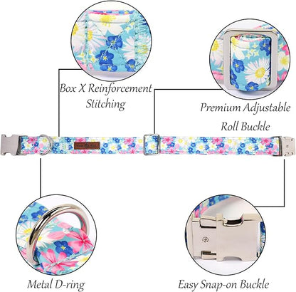 Lionet Paws Floral Dog Collar with Sailor Bow, Spring Wildflowers Daisy Forget Me Not Dog Collar Bow Tie for Large Dogs, Neck 16-24 inches