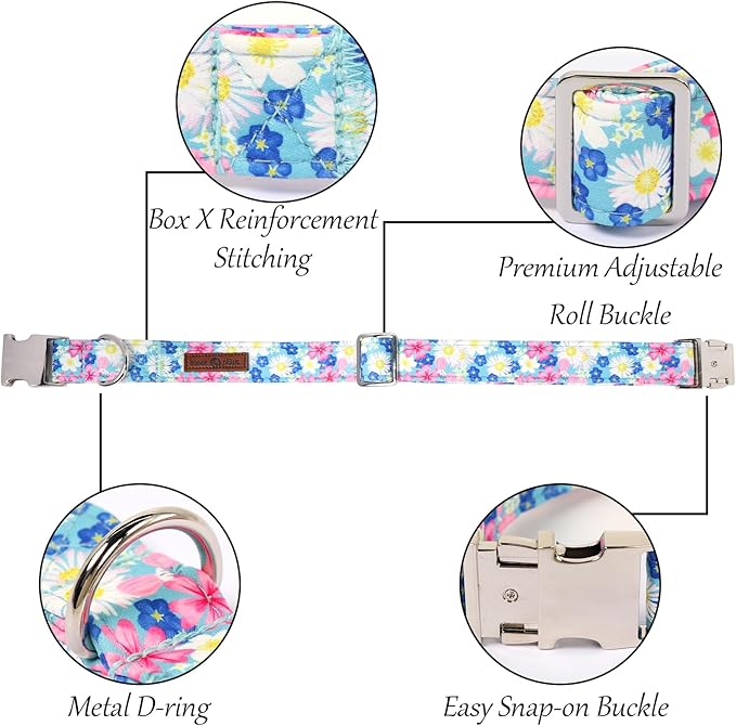 Lionet Paws Floral Dog Collar with Sailor Bow, Spring Wildflowers Daisy Forget Me Not Dog Collar Bow Tie for Dogs, Small, Neck 10-16 inches