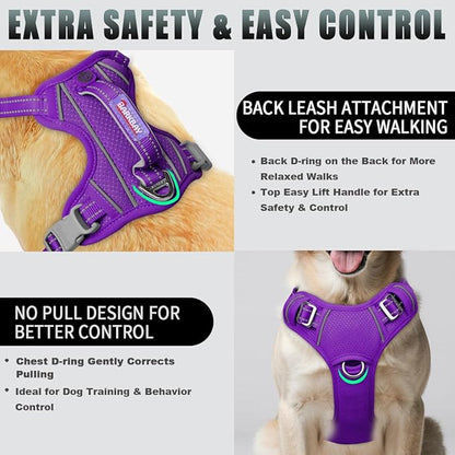 BARKBAY No Pull Dog Harness Large Reflective Dog Harness with Front Clip and Easy Control Handle for Walking Training Running with ID tag Pocket(Purple,M)