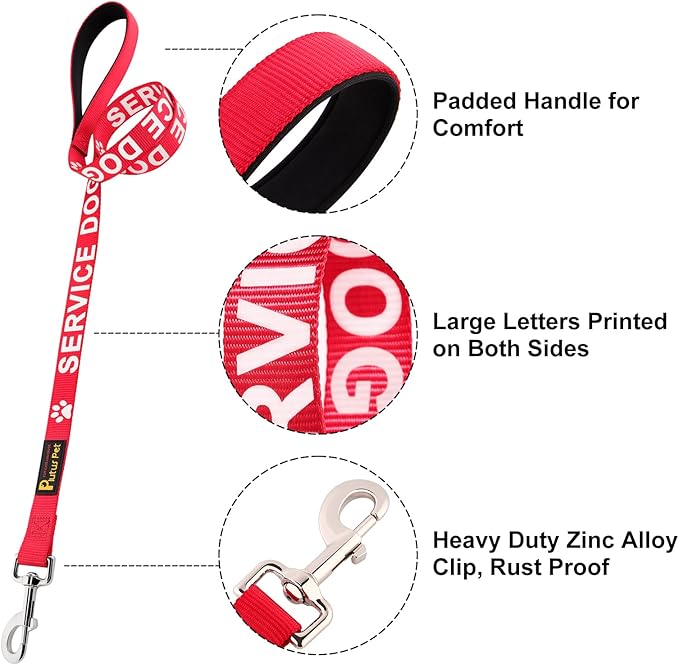 Plutus Pet Service Dog Leash with Soft Neoprene Padded Handle,Printed in Large Letters on Both Sides,4ft Long，Red，1" Wide for Large Dogs