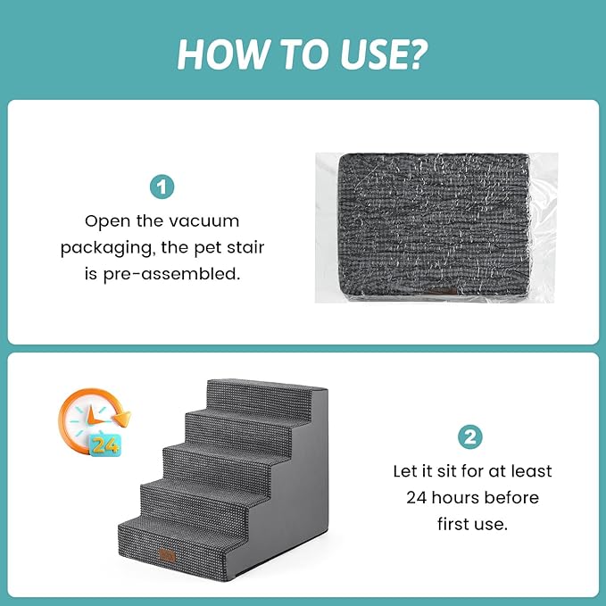 COZY KISS Dog Stairs for Small Dogs 5-Step, 19.7" Extra Wide Right-Angle Pet Stairs for Couch and Beds, Anti-Slip Dog Steps for Old Cats and Lowrider, 19.7x29.5x23.6 inch, Dark Grey