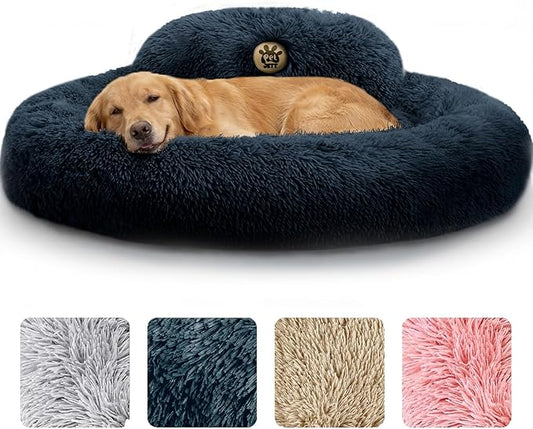 PetJett XL Dog Beds for Large Sized Dog - 45'' Extra Large Dog Bed, Anti-Slip & Washable Super Soft Round Donut Bed, Fluffy Faux Fur Anti-Anxiety Premium Comfort Pet Bed, Fits Dogs up to 120 lbs