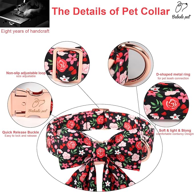 Floral Dog Collar with Lady Bow - Rose Red Wild Flowers Pattern Bowtie Puppy Collar, Adjustable Winter Heavy Duty Dog Collars for Small Medium Large Dogs XL