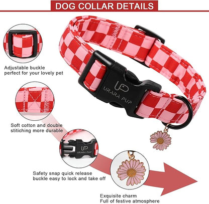 UP URARA PUP Red and Pink Plaid Dog Collarwith Bow Tie– Adjustable Red & Pink Checkered Dog Collar for Small Medium Large Dogs, Soft Xmas Plaid Puppy Collars with Quick Release Buckle L