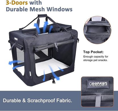 JESPET 36'' Soft Dog Crates Kennel for Pets, 3 Door Soft Sided Folding Travel Pet Carrier with Straps and Fleece Mat for Dogs, Cats, Rabbits, Grey Blue Beige & Black (36" L x 24" W x 27" H, Black)