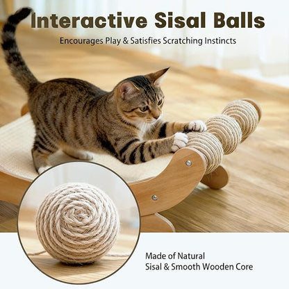 RizzQi Sisal Cat Scratcher Bed with 3 Toy Balls for Indoor Cats, Durable Wooden 3-in-1 Hammock Lounge & Scratch Pad - Modern Furniture for Large Cats, Scratching Post Lounger