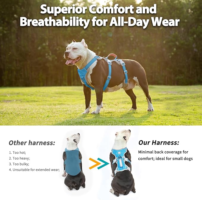 Huntboo Escape Proof Dog Harness, Escape Artist Harness, Reflective Harness with Padded Handle, Breathable, Durable, Adjustable Vest for Medium Dogs Walking, Training, and Running Gear (Blue, XL)