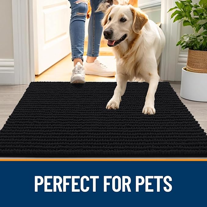 OLANLY Dog Door Mat for Muddy Paws 40x32, Ultra Absorbent Chenille Mud Doormat, Non-Slip Washable and Dirt Trapping Doormat for Indoor Entryway, Quick-Dry Indoor Pet Bed Mats for Dogs, Black