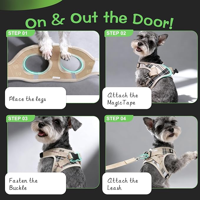 EXPAWLORER Plaid Small Dog Harness and Leash Set with AirTag Holder - Soft Padded Step in Dog Vest Harness Medium Sized Dog, No Pull Reflective Puppy Harness, Collar and Leash for Walking, Khaki L