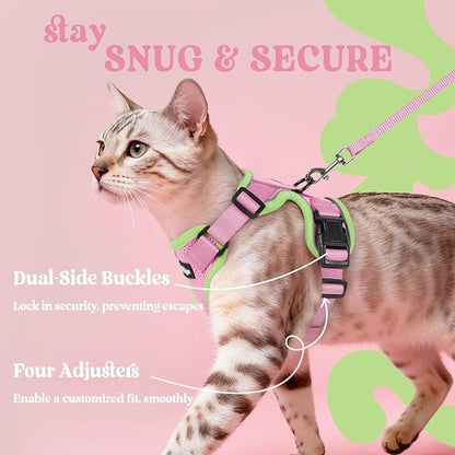 rabbitgoo Cat Harness and Leash for Walking, Escape Proof Soft Adjustable Vest Harnesses for Cats, Easy Control Breathable Reflective Strips Jacket, Pink&Light Green, S