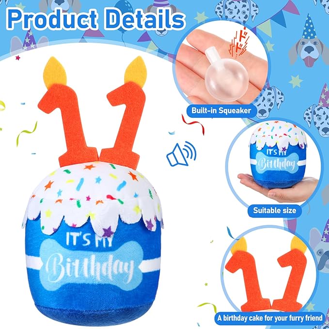 Dog Birthday Cake Toy Accessories for Girl Boy Gifts, Squeaky Plush Toy for Dog Birthday Party Decor Favor for Large, Medium and Small Dogs(11th,Blue)