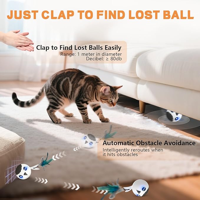 KiwiLove Cat Toys, Interactive Kitten Toys Indoor Cats, USB Rechargeable Electronic Smart Exercise Toy, Motion Activated Fast Moving Chirping Stimulating Light, 2 Feather Tails (White)
