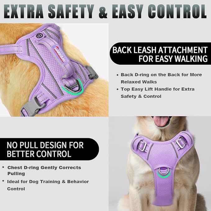 BARKBAY No Pull Dog Harness Large Reflective Dog Harness with Front Clip and Easy Control Handle for Walking Training Running with ID tag Pocket(Violet Purple,XL)