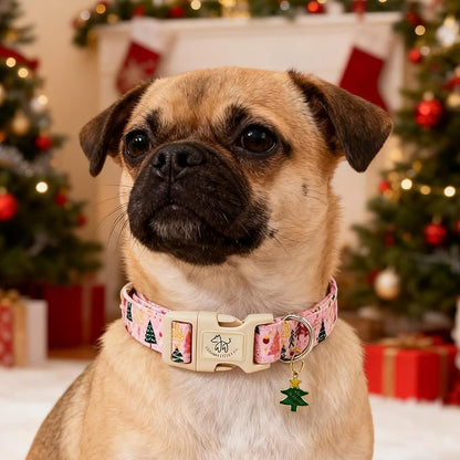 Elegant little tail Christmas Dog Collar - Christmas Tree Pink Pet Collar Cotton Soft Plastic Buckle Durable Puppy Collars Female or Male Adjustable Collar for Medium Dogs