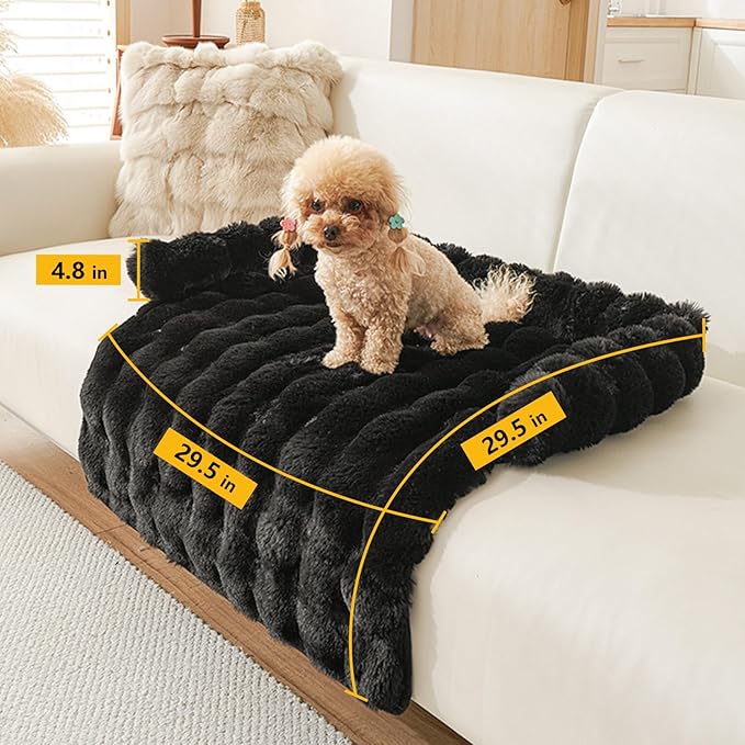 Calming Dog Bed for Couch, 29.5 x 29.5 inch, Non-Slip Rabbit-Velvet Dog Sofa Mat for Furniture Protector, Perfect for Small, Medium Dogs and Cats (Black)
